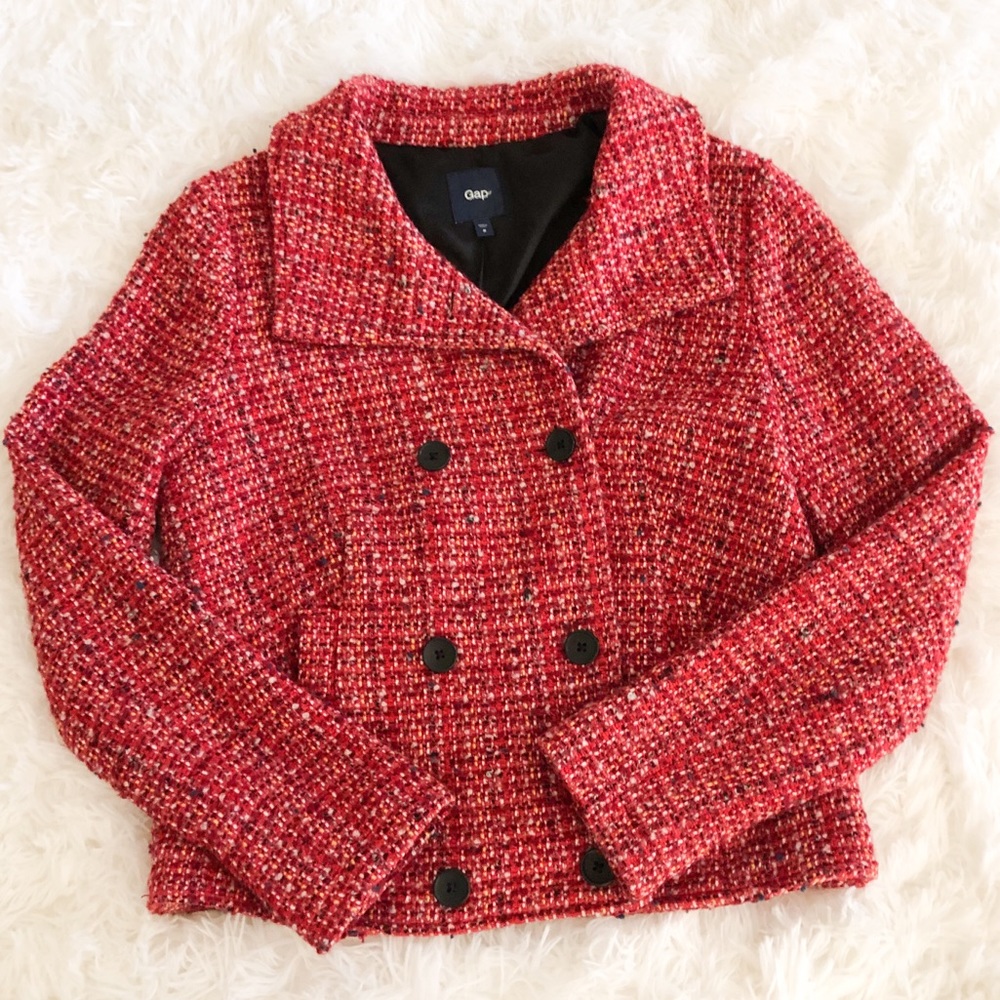 GAP Red Tweed Double Breasted Pea Coat Blazer